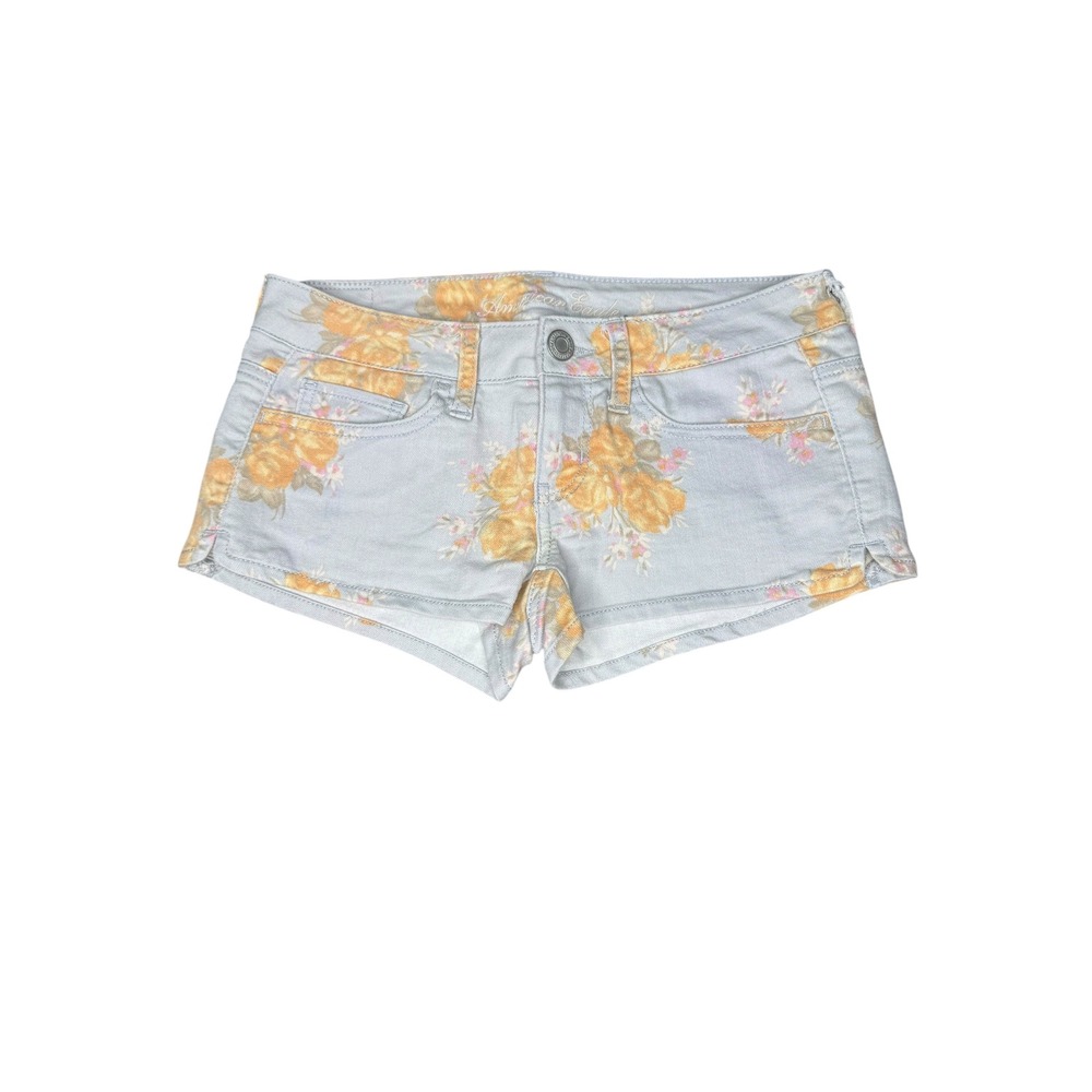 American Eagle Floral Denim Shorts Light Blue Yellow‎ Rose Stretch Low Rise 2